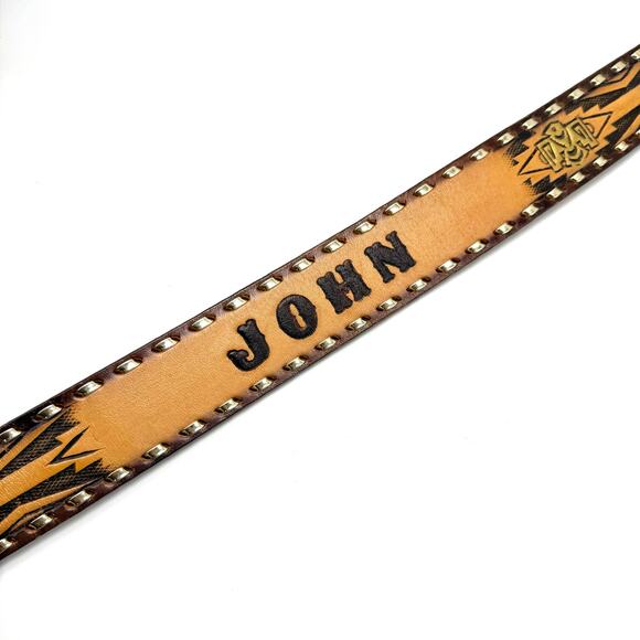 Vintage Western Name Belt 34 John Brown Leather Tooled Painted Thunderbird Brass - Picture 1 of 11
